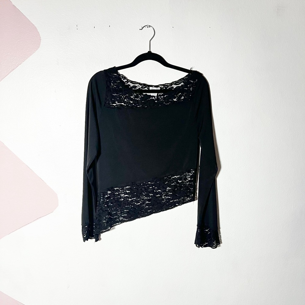 Vintage Black Lace Asymmetrical Top XL Long Sleeve Gothic Whimsigoth